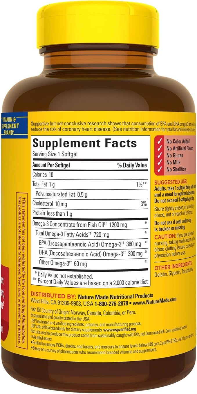 Nature Made Fish Oil Omega 3 Supplements, Omega 3 Fish Oil as Ethyl Esters 1200 mg Softgels, EPA DHA Supplement for Healthy Heart, Brain, Eye Support, One Per Day, 100 Softgels