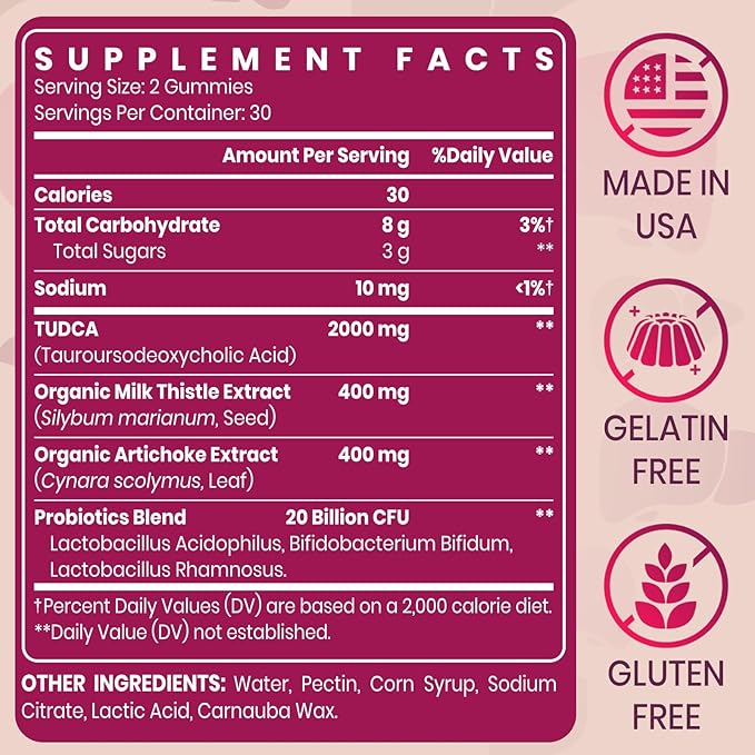 Premium TUDCA Gummy Supplement - 2000mg High-Potency Liver Support, Liver Cleanse Detox & Repair with Milk Thistle, Artichoke Extract, Probiotics, Bile Salts - Vegan, 60 Servings