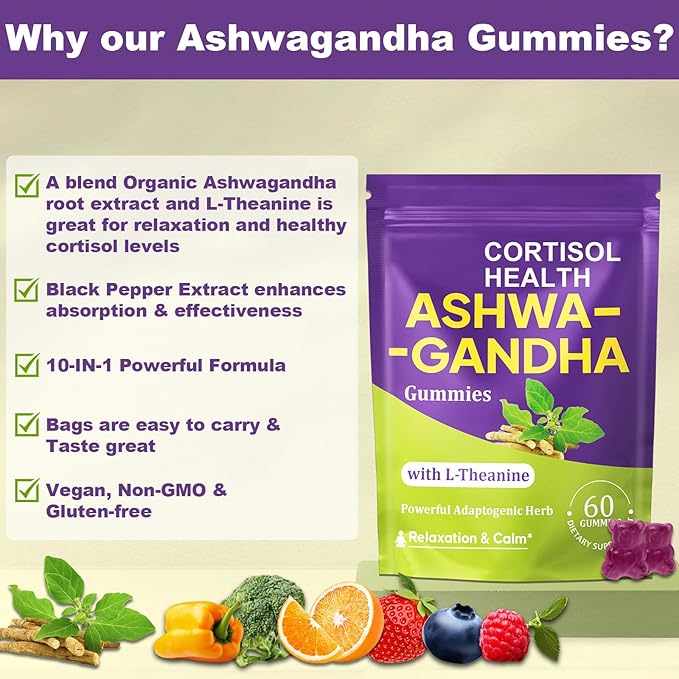 Ashwagandha Gummies - 10 in 1 Organic Ashwaganda Gummies for Women & Men, with L Theanine, Vitamin B6, Black Pepper for Relaxation*, Cognitive, Immune, Zzz, Cortisol, Vegan, Berry Flavor - 60 Count