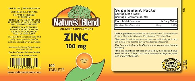 Nature's Blend Zinc Gluconate 100 mg, 100 Tablets