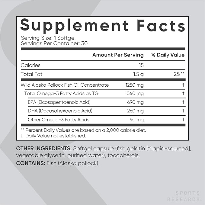 Sports Research Triple Strength Omega 3 Burpless Fish Oil 1250mg from Wild Alaska Pollock, Vitamin D3 5000 IU with Coconut MCT Oil (125mcg) and Vegan Biotin 5000mcg Vitamin B7-30 Softgels Each