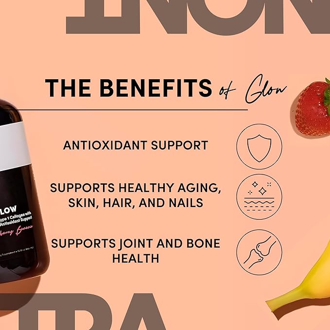 Tranont Glow | Strawberry Banana | Type 1 Collagen with Superfood Antioxidant Support | for Hair, Skin, Nails & Joints | Liquid Collagen with Hyaluronic Acid & Peptides | 15 Fl Oz