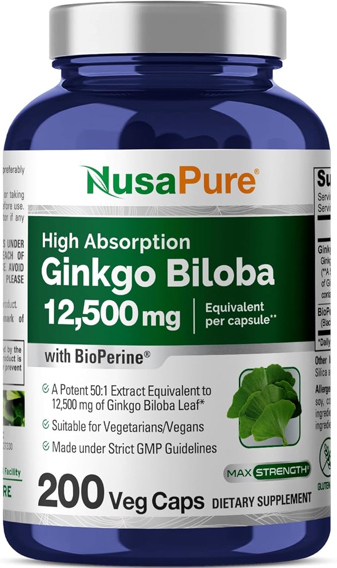 NusaPure Ginkgo Biloba Extract 12,500mg per Veggie Caps 200 Capsules (Vegetarian, Non-GMO, Vegan, Extract 50:1) Bioperine