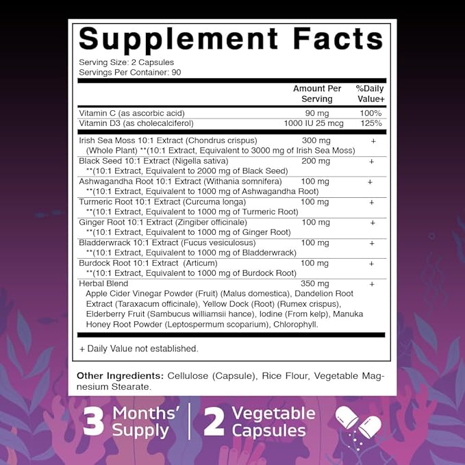 Vitamatic Sea Moss with Black Seed Oil, Ashwagandha, Turmeric, Bladderwrack & Burdock - 180 Vegan Capsules