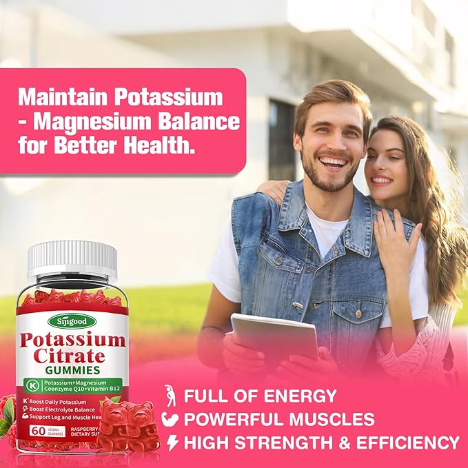 2 Pack Potassium Citrate Gummies – Potassium Supplement for Muscle Health, Leg Cramp Relief & Electrolyte Balance, Vegan, Non-GMO, Gluten-Free, Raspberry Flavor, 120 Count