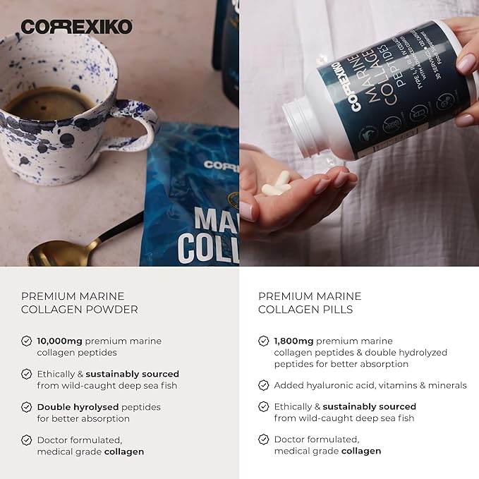 CORREXIKO Marine Collagen Supplement Pills & Powder Bundle 1 Month Supply - Includes 10,000mg Double Hydrolyzed Collagen Powder 15oz & 1800mg Collagen Peptides 120 Capsules - for Hair, Skin & Nails