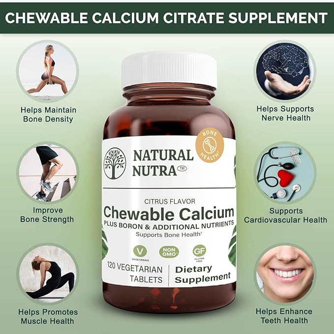 Natural Nutra Chewable Calcium Supplement for Bone Strength, Promotes Muscle Health, Helps Enhance Teeth Health, Support Nerve Health, and Cardiovascular Health, Improve Bone Strength, 120 Tablets