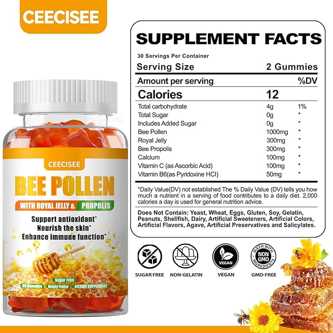 Bee Pollen Gummies with 1000mg Bee Pollen,300mg Royal Jelly,300mg Propolis,Calcium and Vitamin B6,C for People’s Skin,Immune,Energy,Honey Flavor (60 Count)
