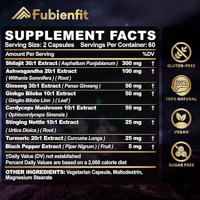 Shilajit Capsules - Premium Shilajit for Men - with Ashwagandha Ginseng and More Fulvic Acid for Men/Women - 120 Capsules