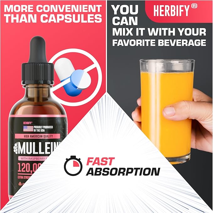 HERBIFY Mullein Drops - Lung Cleanse - Leaf Extract - Powerful Mullein for Immune Support, Detox & Respiratory Support - Made in USA - 4 Oz Raspberry Flavor