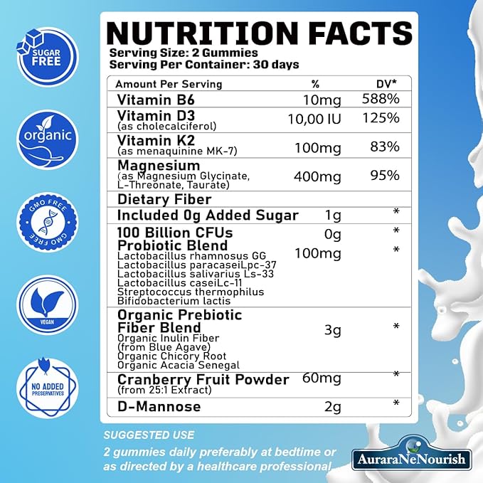 2 Packs Sugar Free Magnesium Gummies Plus Probiotic & Fiber, Magnesium Glycinate 400 mg丨L-Threonate丨Taurate, Chewable Calm Magnesium Gummies w. VIT D3 K2 B6 for Sleep* Brain, Digestion, Gut Health