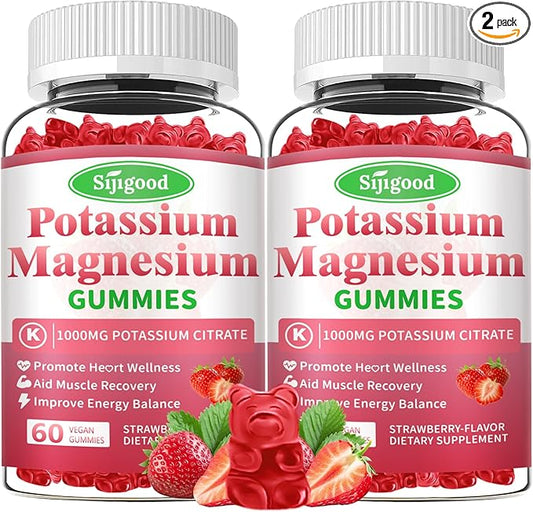 2 Pack Potassium Magnesium Gummies, High Absorption Magnesium Potassium Supplement with Vitamin B6 for Leg Cramps & Muscle Health, Strawberry, 120 Count