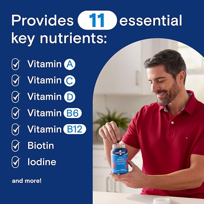 One A Day Men’s Daily Essentials Multivitamin Gummies, Multivitamin for Men, Bone Health, Zinc, Raspberry Natural Flavor, 120 Gummies