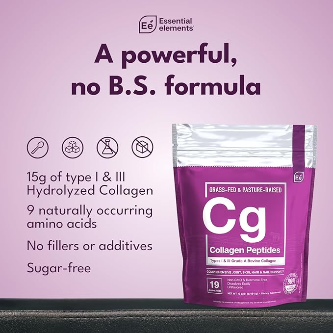 Essential Elements Hydrolyzed Collagen Peptides Powder - Supplement for Joint, Skin, Hair, & Nail Support Types I III Non-GMO, Hormone-Free, Grass-Fed 41 Servings