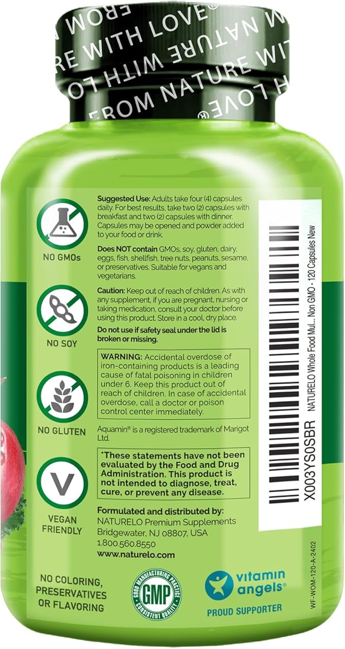 NATURELO Whole Food Multivitamin for Women - with Vitamins, Minerals, & Organic Extracts - Supplement for Energy and Heart Health - Non GMO - 120 Vegan Capsules