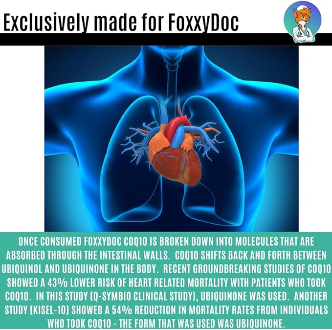 CoQ10 - Co-Enzyme Q10-200 mg - Excellent Value - 200 Caps - Quick Absorption - Veg. Caps - Non-GMO - Ubiquinone - Heart & Cellular Energy & Brain Supplement by Foxxy Doc