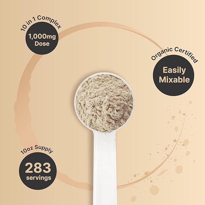 Organic 10-in-1 Mushroom Powder, 10oz | Lions Mane, Shiitake, Reishi, Turkey Tail, Chaga & More | Great Mushroom Supplement for Coffee | Energy, Immune Booster, & Brain Health Support | No Fillers
