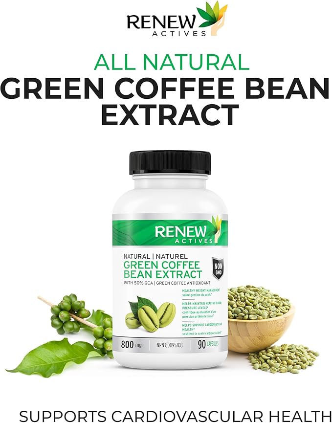 Renew Actives High Potency Green Coffee Bean Extract - 800mg per Serving Green Coffee Bean Extract with 50% Chlorogenic Acid for Antioxidant Benefits - Made in Canada - 90 Vegan Capsules