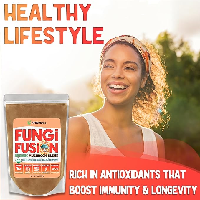XPRS Nutra Fungi Fusion Organic Mushroom Powder Blend, Premium Blend of Lion's Mane, Reishi, Chaga, Cordyceps for Mental Clarity, Cognition, Energy and Immunity - 16 Ounce