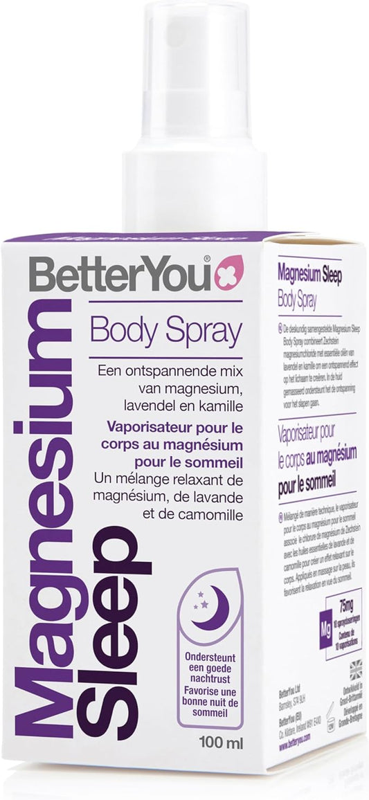 BetterYou Magnesium Sleep Body Spray - Relaxing Topical Magnesium and Essential Oil Spray - Lavender and Chamomile - Promotes Better Sleep - 3.38 oz