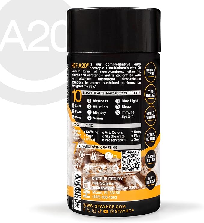 HCF A20 Microbead Brain Health Supplements for Adults for Memory, Focus, Calm, Mood, Alertness, Attention, Vision, Sleep, Immune System, 20 Premium Nootropic Nutrients Multivitamin & 7 Advances® Tech