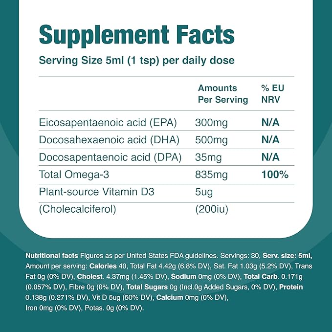 Vegan Omega 3 Liquid, from Microalgae, 800mg of EPA DHA, with Vitamin D3, Supports Heart, Brain, and Eye Health, Natural Fish Oil Alternative, UK Made, Mild Orange Flavoured
