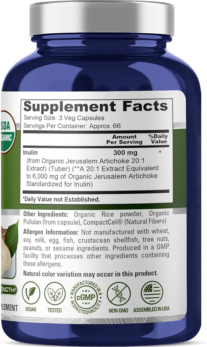 NusaPure Inulin Powder 20:1 Extract, 300 mg Equivalent to 6,000mg | 200 Veggie Capsules |USDA Organic and Non-GMO Supplement