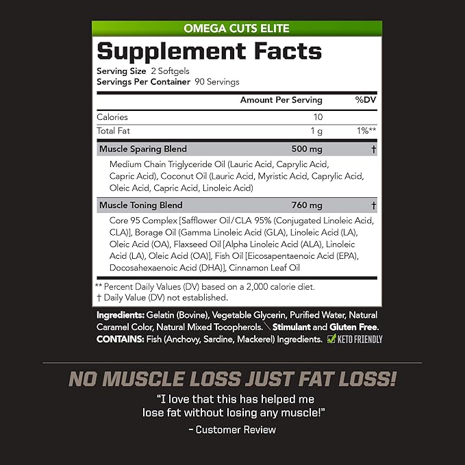 PMD Sports Omega Cuts Elite -Fat Loss-Muscle Defining Formula - Omega Fatty Acids, MCT's and CLA for Muscle Definition and Maintenance - Keto Friendly For Women and Men - Stimulant Free (180 Softgels)