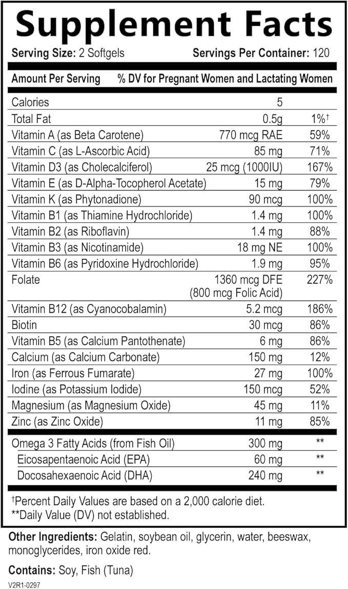 Prenatal Vitamins for Women - Multivitamin with DHA, Folic Acid, Vitamin C, B12, Iron & Omega-3 - Before, During & Post Pregnancy Supplement for Healthy Growth & Brain Development - 240 Softgels