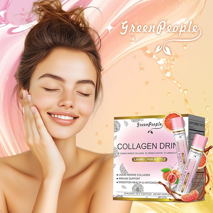 Liquid Collagen for Women & Men, 2500mg Fish Collagen Peptides + Hyaluronic Acid + Vitamin Bs & C, Hair Skin Nails Joints Bones Support (0.85 fl oz, 10 Bottles, Grapefruit)