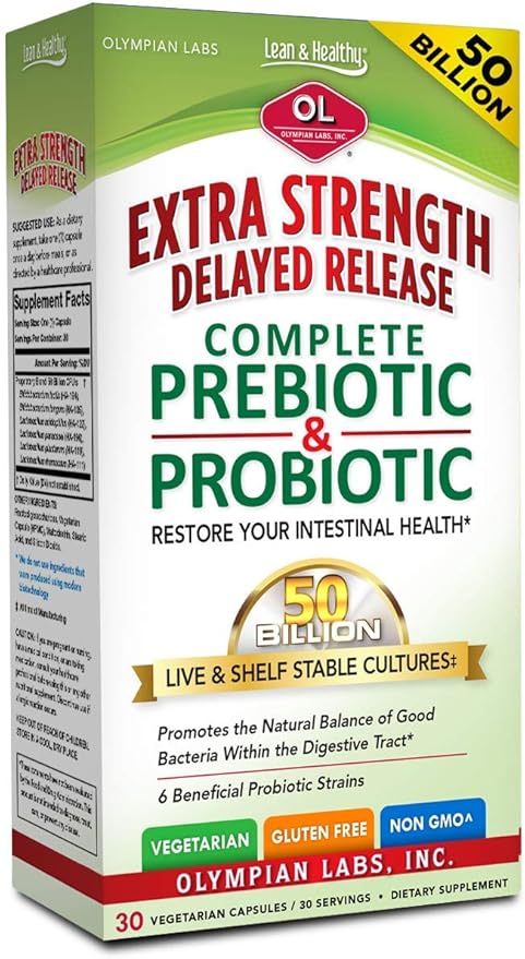 Olympian Labs Extra Strength Complete Prebiotic and Probiotic Supplement - 50 Billion Live Shelf Stable Cultures - 30 Vegetarian Capsules