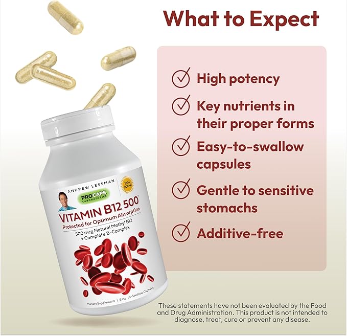 ANDREW LESSMAN Vitamin B12 500 720 Capsules - Absorption-Protected Methylcobalamin (Natural Coenzyme Vitamin B12), Essential for Energy and Stress Support, Plus B-Complex, Easy to Swallow Capsules