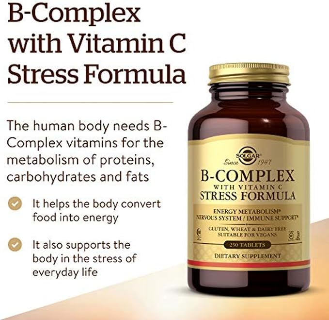 Solgar B-Complex with Vitamin C Stress Formula, 250 Tablets - Energy Metabolism, Nervous System & Immune Support - Non-GMO, Vegan, Gluten Free, Dairy Free, Kosher, Halal - 125 Servings