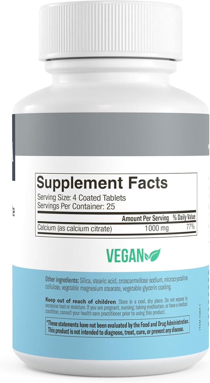Freeda Calcium Citrate – Kosher Vegan Bone Strength Supplement – Supports Bone Density & Muscle Function – Calcium 1000mg per Serving – No Added Vitamin D – (100 Tablets)