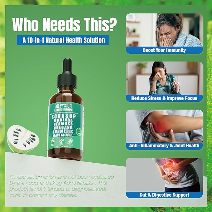 Soursop Bitters Liquid Drops 10 in 1 with Sea Moss, Moringa, Turmeric, Black Seed Oil, Oregano, Ashwagandha | Herbal Extracts for Overall Health-Enhancing | Vegan, Non-GMO | 2 Fl Oz