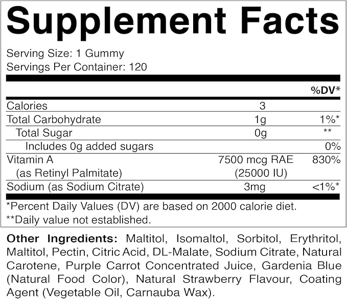 Vitamatic Sugar Free Vitamin A 25000 IU Gummies (Retinyl Palmitate) - Natural Strawberry Flavor - 120 Pectin Based Gummies (1 Bottle)
