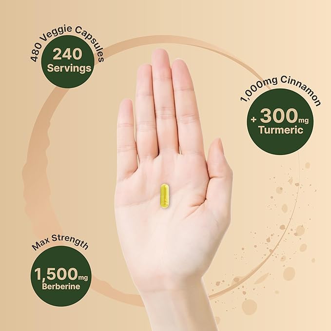 2 Pack Berberine Supplement 1500mg, 480 Veggie Capsules | Plus 1000mg True Ceylon Cinnamon & 300mg Turmeric – 97% Berberine HCL – Plant-Based, Vegan, Non-GMO