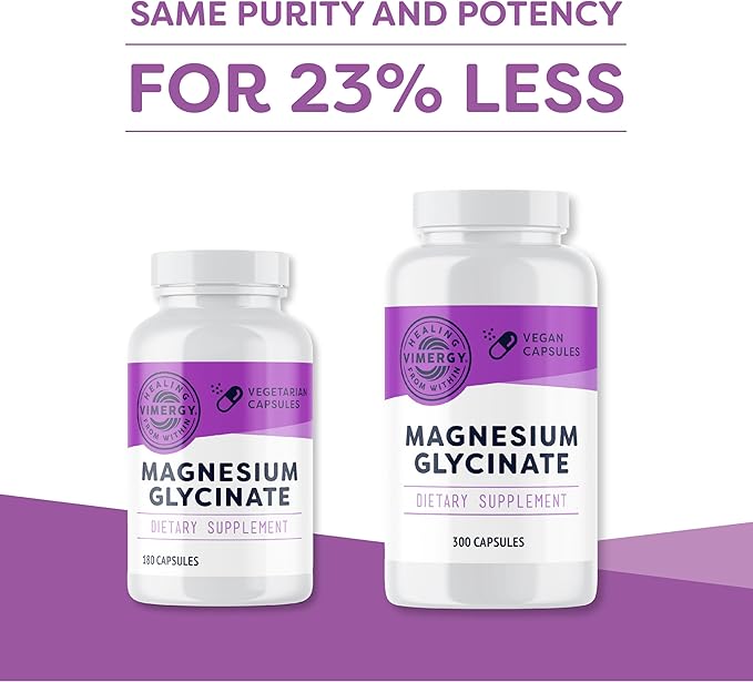 Vimergy Magnesium Glycinate – Stress Support – Chelated to Avoid Tummy Upset*– Promotes Heart Health & Energy*– Kosher, Vegan Gluten-Free – 300 Caps