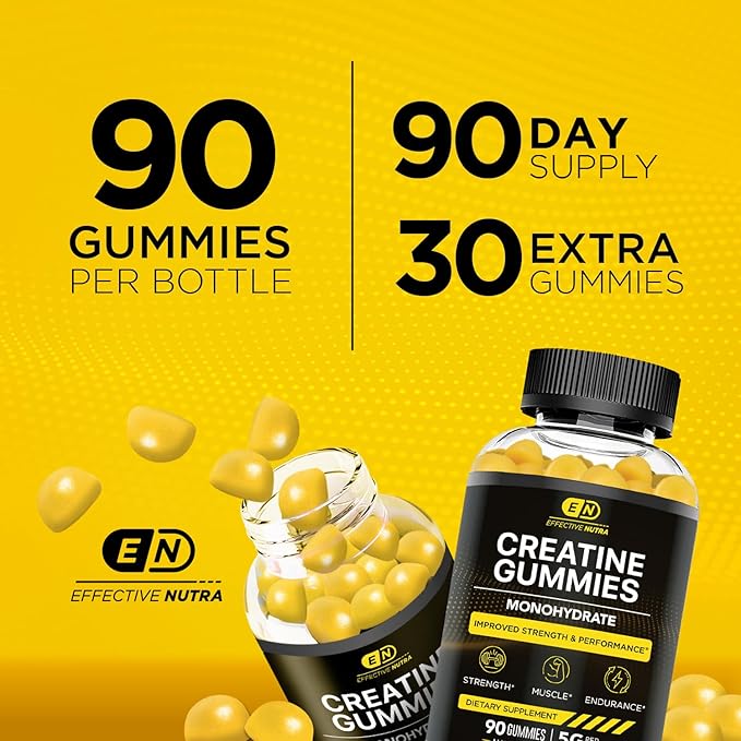 Creatine Monohydrate Gummies | 1g Per Gummy | Vegan Creatine Gummies Supplement for Men & Women | Strength, Muscle Growth, Energy, Endurance | Natural Lemon Flavor, Made in USA (90ct)