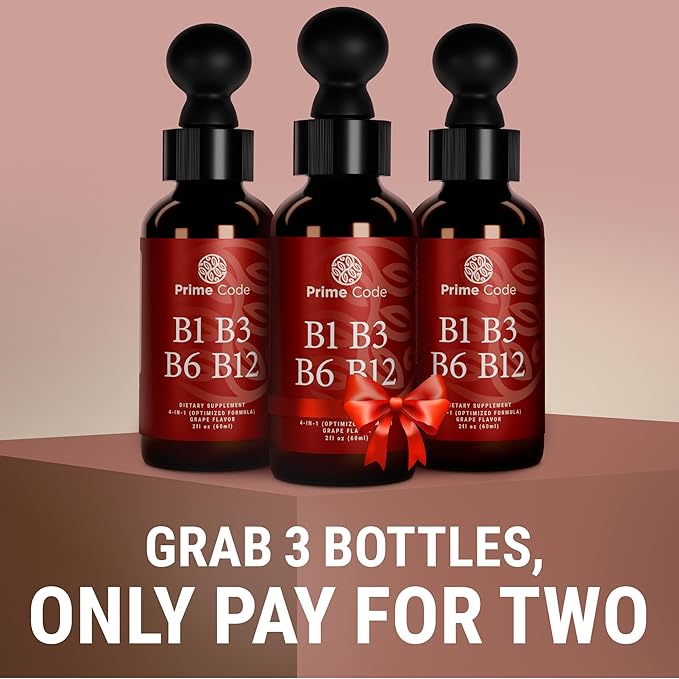 Prime Code Liquid Vitamin B1 Drops with Vitamin B3 B6 & B12 | B Complex Liquid Supplement | Thiamine Supplement for Adults | High Absorption | Immune Support | Non-GMO | Gluten-Free