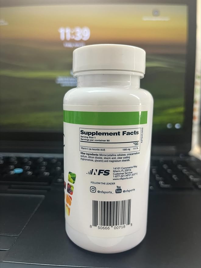 NF Sports Vitamin C 1000 mg Supports The Immune System, Formation of Collagen, Iron Absorption, and Teeth, Vegan, Gluten-Free, 60 Vegetable Capsules
