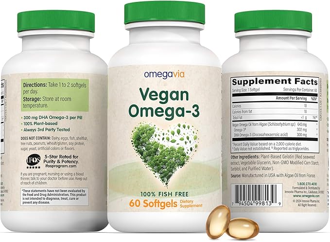 OmegaVia Vegan Omega 3 Supplement, Algae Omega 3 Fish Oil Alternative, 300mg Vegan DHA Fatty Acids, Plant Based, Planet and Ocean Friendly, IAOS 5 Star Tested, 60 Softgels