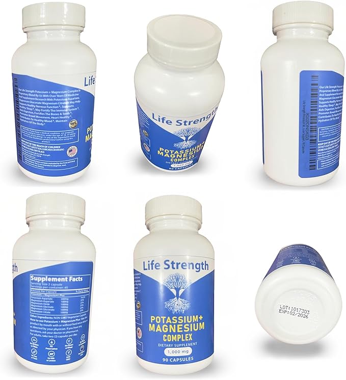 Life Strength Potassium & Magnesium Complex with Aspartate, Oxide, Glycinate, Gluconate & Citrate - 1000mg (90 Capsules)