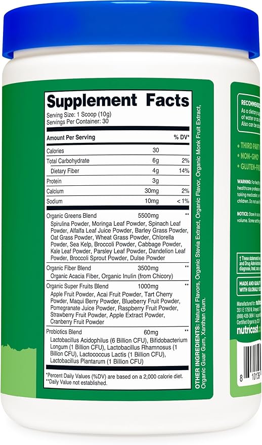 Nutricost Organic Super Greens Powder (30 Servings) - Superfood Supplement Drink Mix (30 Servings, No Flavor Added)