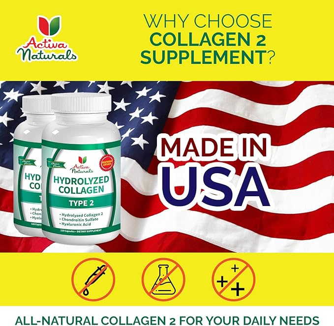 Collagen Type 2 Hydrolyzed Supplement with Chondroitin and Hyaluronic, for Healthy Hair, Skin, Nails, and Joints, No Fillers, Additives, and No Artificial Colors - 120 Vegetarian Capsules