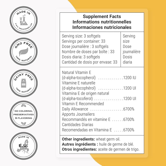 Supersmart - Natural E 400 (D-Alpha Tocopherol) 1200IU per Day - High Absorption Vitamin E Supplement | Non-GMO & Gluten Free - 100 Softgels