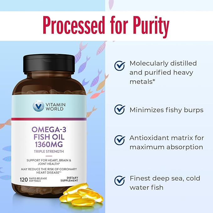 Vitamin World Triple Strength Omega 3 Fish Oil 1360 mg Supplement, 950 mg Active Omega-3 Fatty Acids with EPA & DHA, Supports Heart, Brain & Joint Health, Gluten Free, 120 Softgels, 4 Months Supply