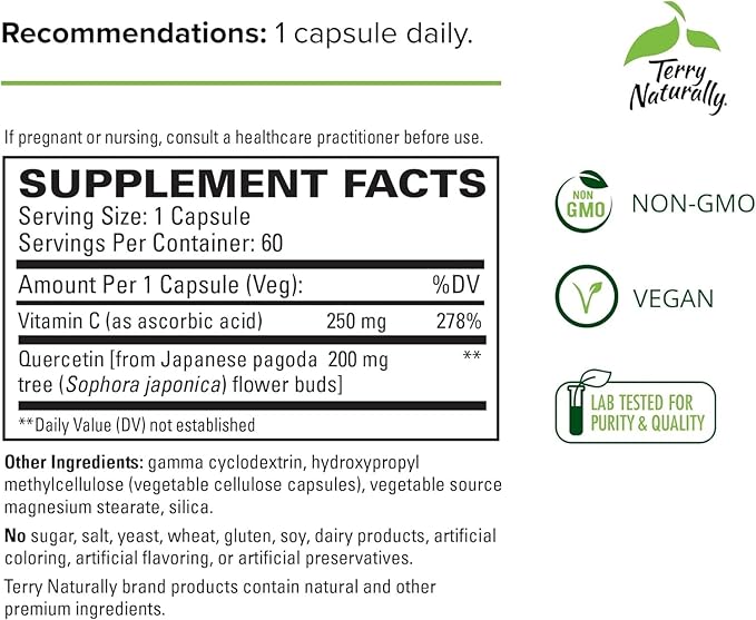 Terry Naturally Quercetin with Vitamin C Enhanced Absorption - Quercetin Supplement for Immune Support & Cellular Health - Respiratory Supplement for Sinus & Lung Health - 60 Capsules