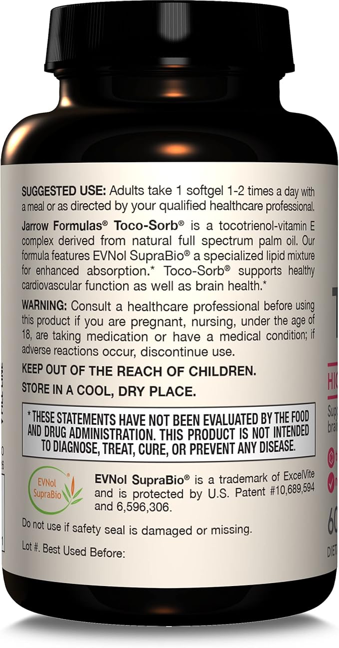 Jarrow Formulas® Toco-Sorb Cardiovascular Health and Brain Function Support, High Absorption Formula, Tocotrienol-Tocopherol Complex and Vitamin E, 60 Softgels, 30 Day Supply