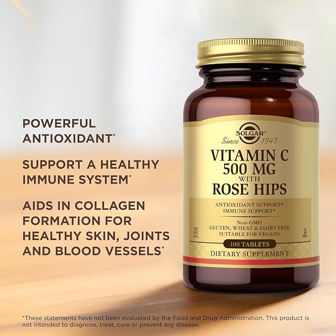 Solgar Vitamin C 500 mg with Rose Hips - 100 Tablets - Antioxidant & Immune Support - Non-GMO, Vegan, Gluten Free, Dairy Free, Kosher - 100 Servings